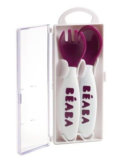 Beaba, sztućce plastikowe w etui zielone