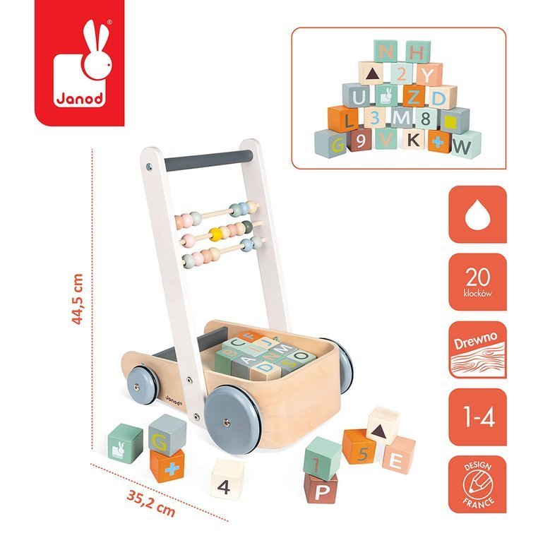 Janod, Wózek pchacz drewniany z 20 klockami Sweet Cocoon Janod, Wózek pchacz drewniany z 20 klockami Sweet Cocoon