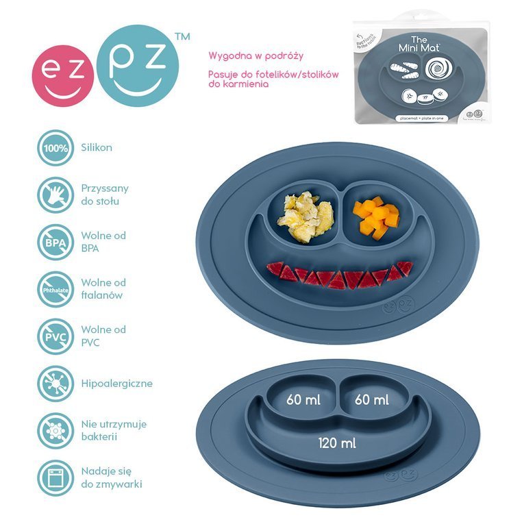 EZPZ, Silikonowy talerzyk z podkładką mały 2w1 Mini Mat ciemny niebieski