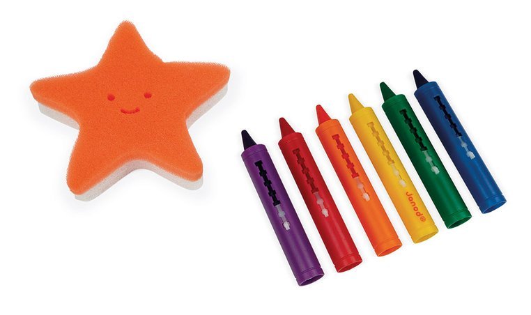 Janod, Kredki do kąpieli 6 kolorów z gąbką 3+ Janod, Kredki do kąpieli 6 kolorów z gąbką 3+