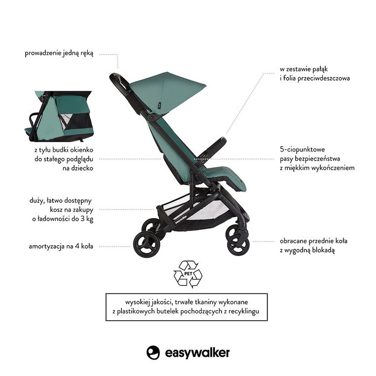 Easywalker, Miley Kompaktowy wózek spacerowy ze zintegrowaną torbą transportową Coral Green Easywalker, Miley Kompaktowy wózek spacerowy ze zintegrowaną torbą transportową Coral Green