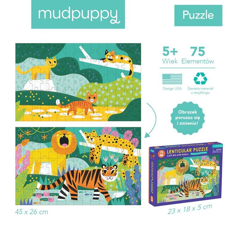 Mudpuppy, Puzzle soczewkowe z ruchomym obrazkiem 3D Duże i małe koty 75 elementów 5+ Mudpuppy, Puzzle soczewkowe z ruchomym obrazkiem 3D Duże i małe koty 75 elementów 5+