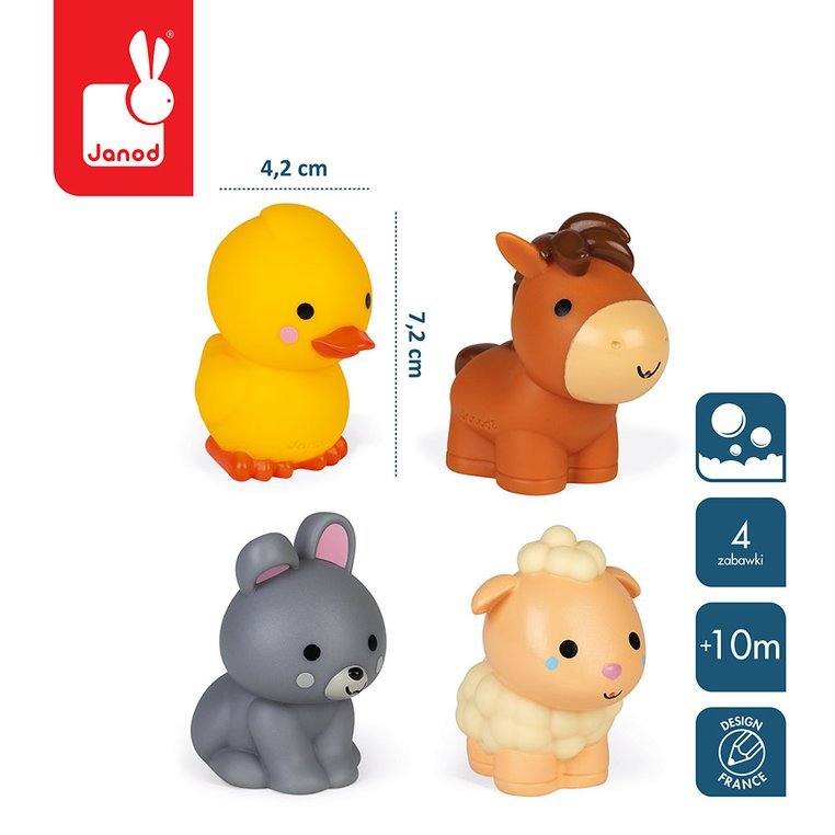 Janod, Zestaw do kąpieli 4 zwierzątka z farmy 10 m+ Janod, Zestaw do kąpieli 4 zwierzątka z farmy 10 m+