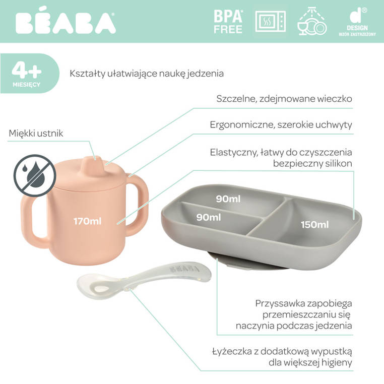 Beaba, Komplet naczyń z silikonu trójdzielny talerz z przyssawką + kubeczek z pokrywką z ustnikiem + łyżeczka Pink Beaba, Komplet naczyń z silikonu trójdzielny talerz z przyssawką + kubeczek z pokrywką z ustnikiem + łyżeczka Pink