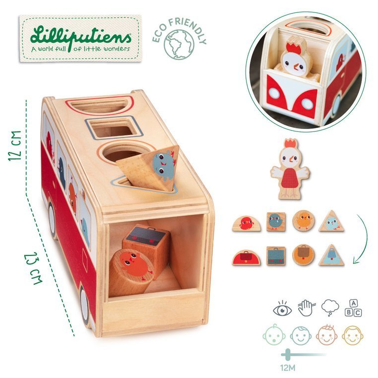 Lilliputiens, Drewniany autobus - sorter z 4 kurczaczkami Kokoszka Paulette 12 m+
