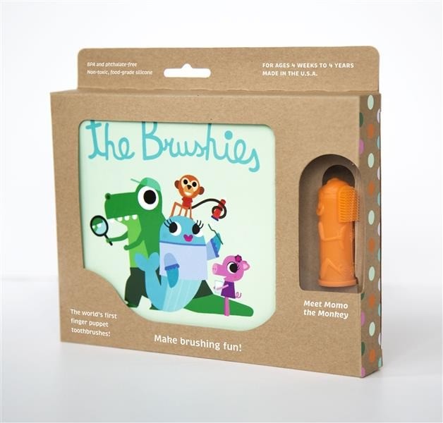 The Brushies, Szczoteczka silikonowa na palec Małpka MOMO z książeczką
