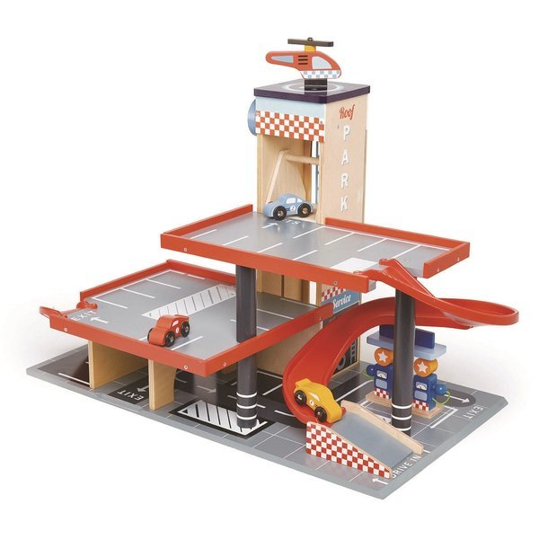 Tender Leaf Toys, Drewniany garaż z samochodami i helikopterem