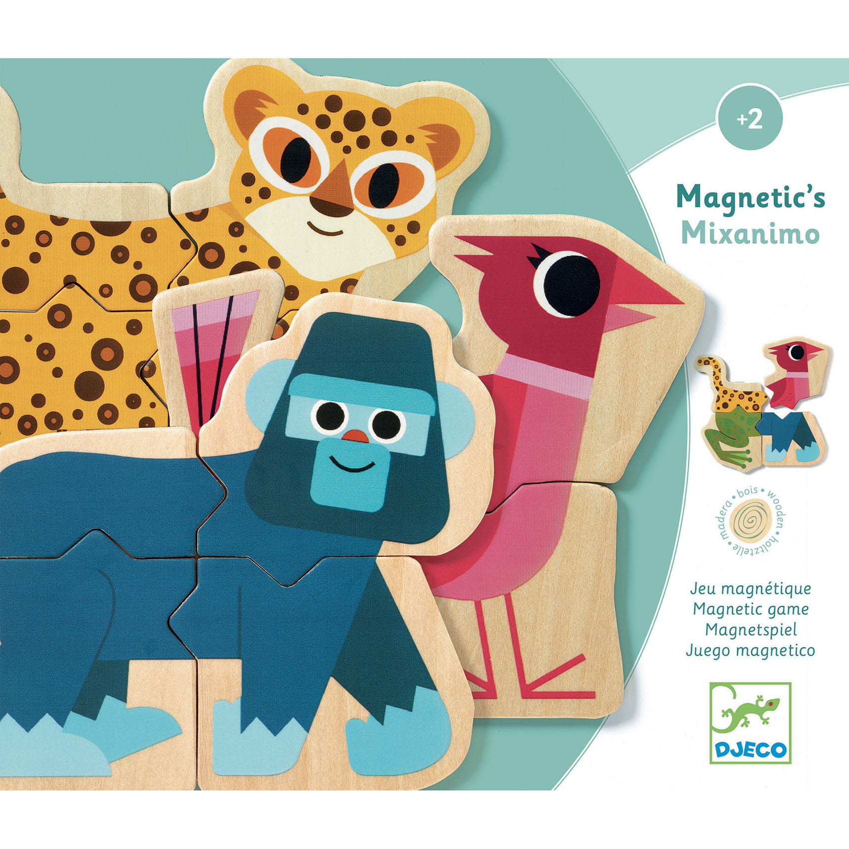 Djeco, Magnetyczne puzzle drewniane zwierzątka 4 elementowe