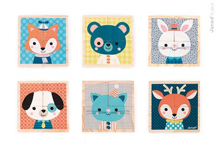 Janod, klocki drewniane Puzzle 6w1 Las