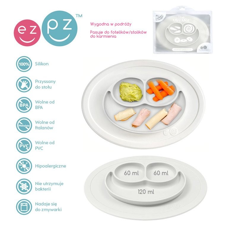 EZPZ, Silikonowy talerzyk z podkładką mały 2w1 Mini Mat biały EZPZ, Silikonowy talerzyk z podkładką mały 2w1 Mini Mat biały