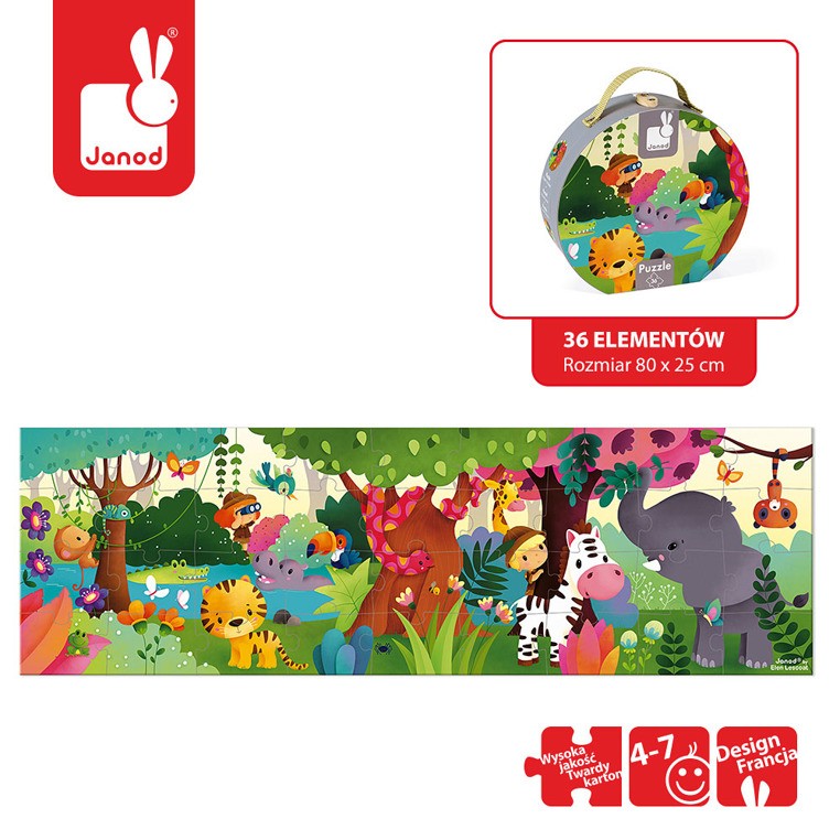 Janod, Puzzle panoramiczne w walizce Dżungla 36 elementów