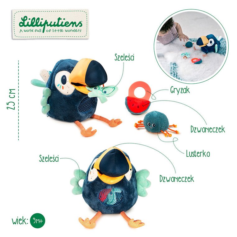 Lilliputiens, Przytulanka aktywizująca wielofunkcyjna głodny Tukan Pablo 9 m+