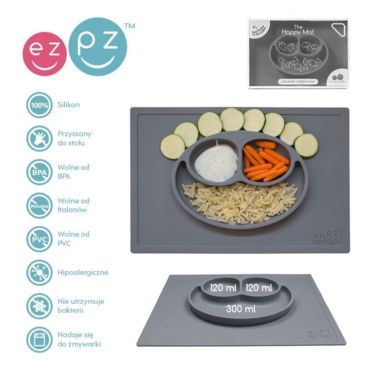 EZPZ, silikonowy talerzyk z podkładką 2w1 Happy Mat szary