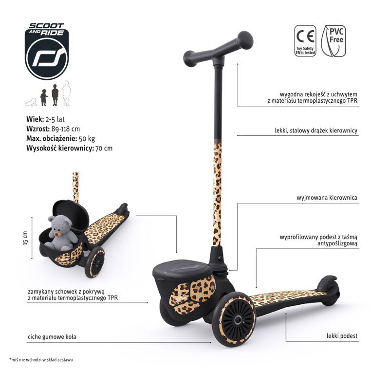 Scootandride, Highwaykick 2 Lifestyle Hulajnoga trójkołowa balansowa z zamykanym schowkiem 2+ Leopard Scootandride, Highwaykick 2 Lifestyle Hulajnoga trójkołowa balansowa z zamykanym schowkiem 2+ Leopard
