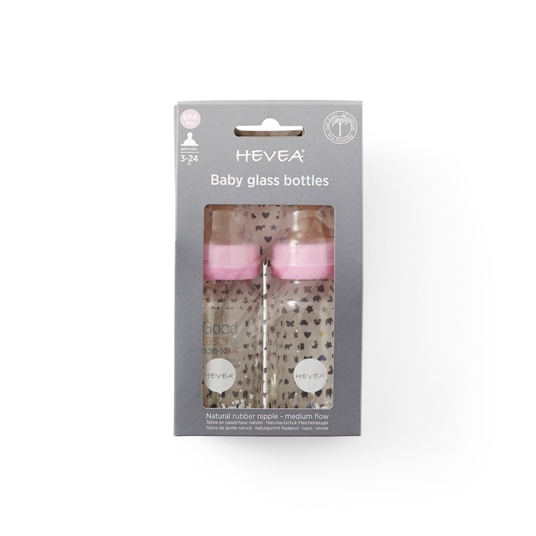Hevea, 2 szklane butelki 120 ml ze smoczkami kauczukowymi, różowe