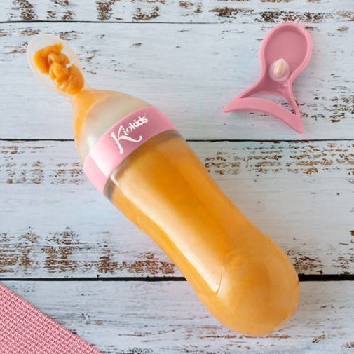 Kiokids,  Pojemnik silikonowy z łyżeczką na jedzenie dla niemowląt -  różowy