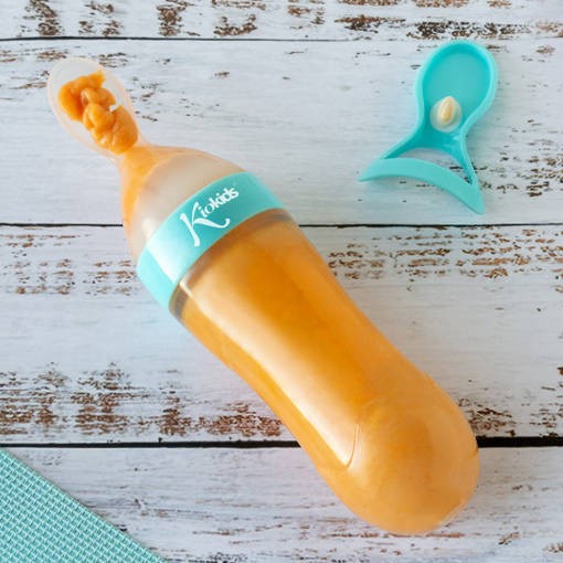 Kiokids,  Pojemnik silikonowy z łyżeczką na jedzenie dla niemowląt - niebieski Kiokids,  Pojemnik silikonowy z łyżeczką na jedzenie dla niemowląt - niebieski