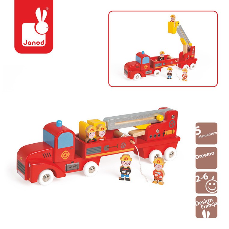 Janod, straż pożarna drewniana duża z 4 postaciami, Janod, straż pożarna drewniana duża z 4 postaciami,