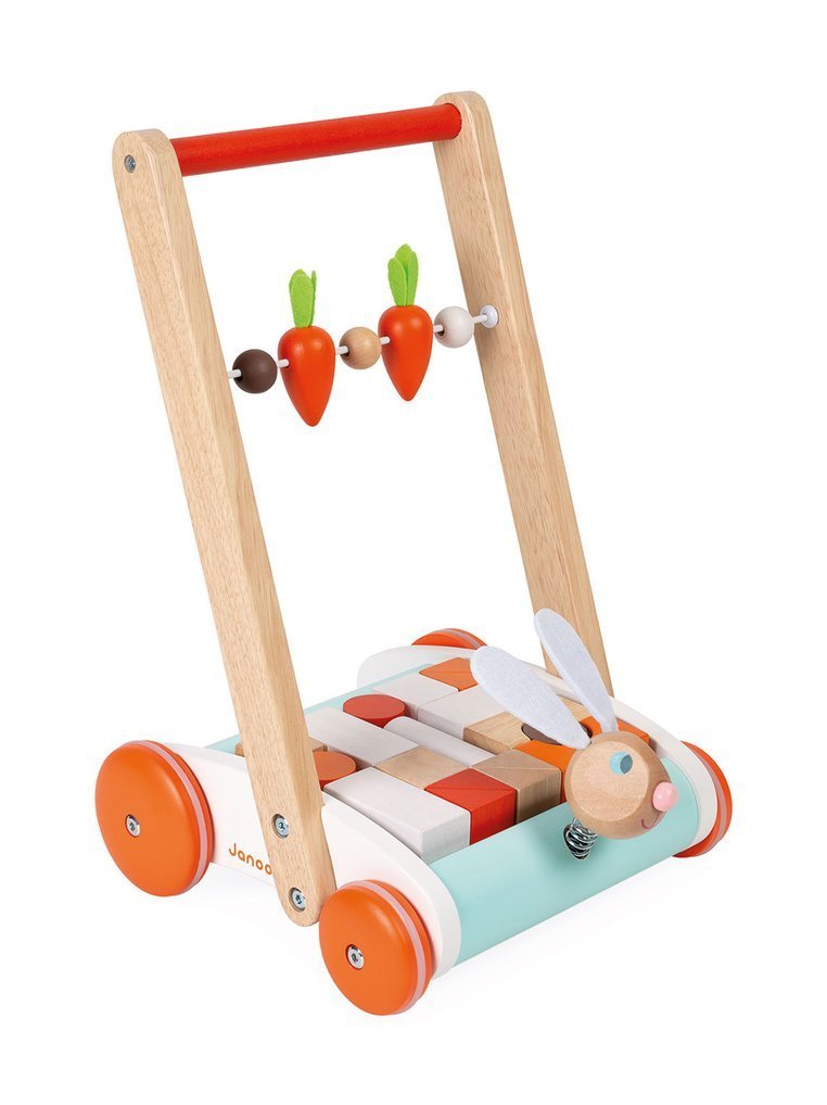 Janod, Wózek pchacz drewniany z 19 klockami Królik 1-4 lata Janod, Wózek pchacz drewniany z 19 klockami Królik 1-4 lata