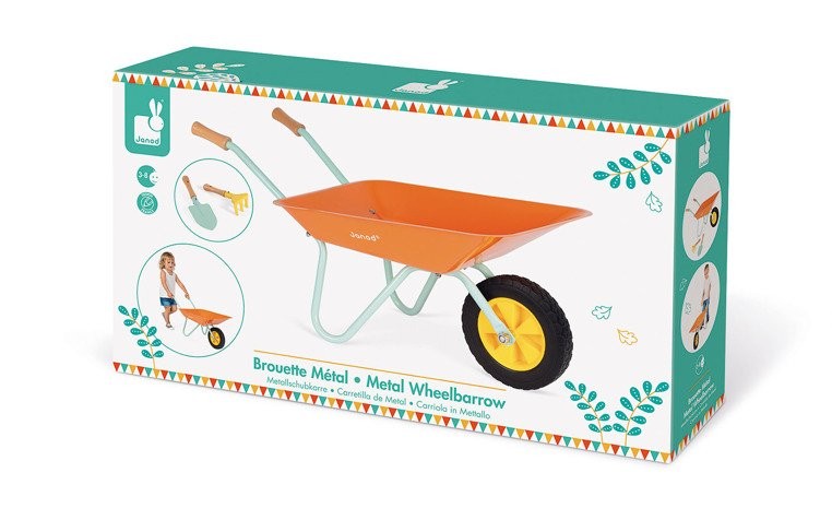 Janod, Mały ogrodnik Zestaw narzędzi ogrodowych z pomarańczową taczką kolekcja 2019