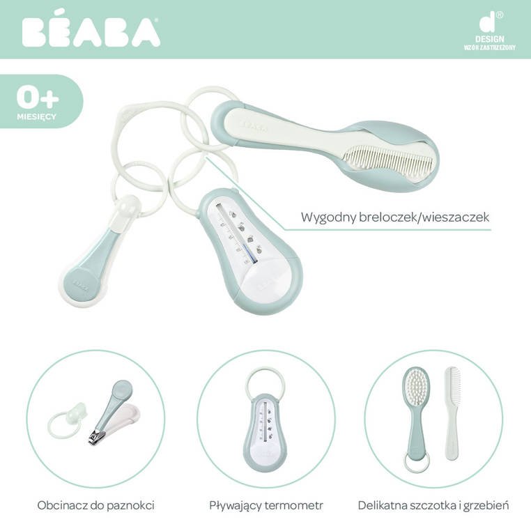 Beaba, Akcesoria do pielęgnacji: termometr do kąpieli, cążki do paznokci, szczoteczka i grzebień Green Blue