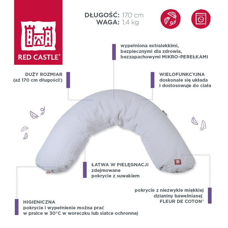Red Castle, Ergonomiczna poduszka rogal dla kobiet w ciąży i karmiących Big Flopsy Fleur de coton Pearl grey Red Castle, Ergonomiczna poduszka rogal dla kobiet w ciąży i karmiących Big Flopsy Fleur de coton Pearl grey