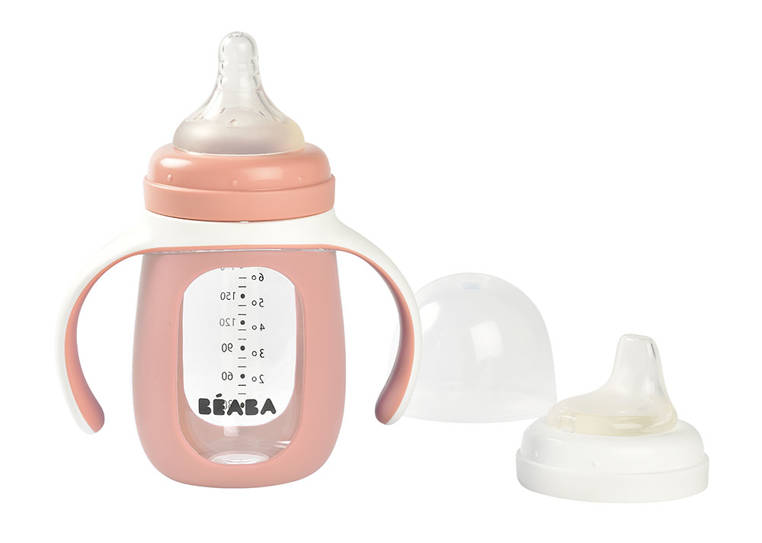 Beaba, Szklana butelka treningowa w silikonowej osłonce 2w1 210 ml Old pink