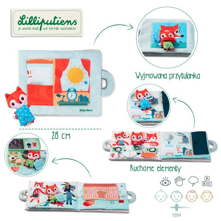 LILLIPUTIENS, Miękka książeczka aktywizująca z mini - przytulanką „Dzień dobry, mały lisku” 18 m+