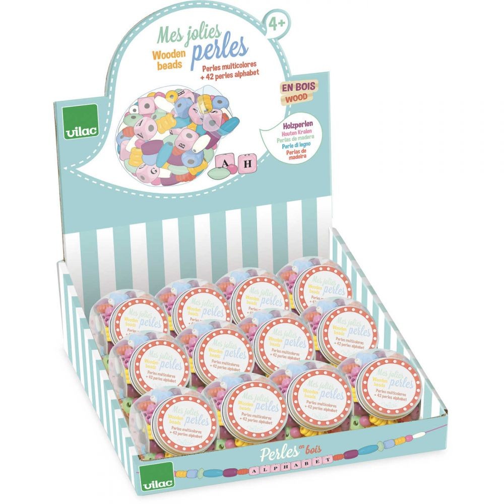 Vilac, Koraliki do nawlekania drewniane 126 sztuk w słoiku