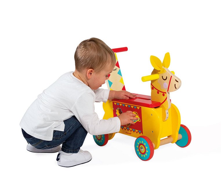 Janod, Jeździk i pchacz 2 w 1 z sorterem kształtów Lama Janod, Jeździk i pchacz 2 w 1 z sorterem kształtów Lama