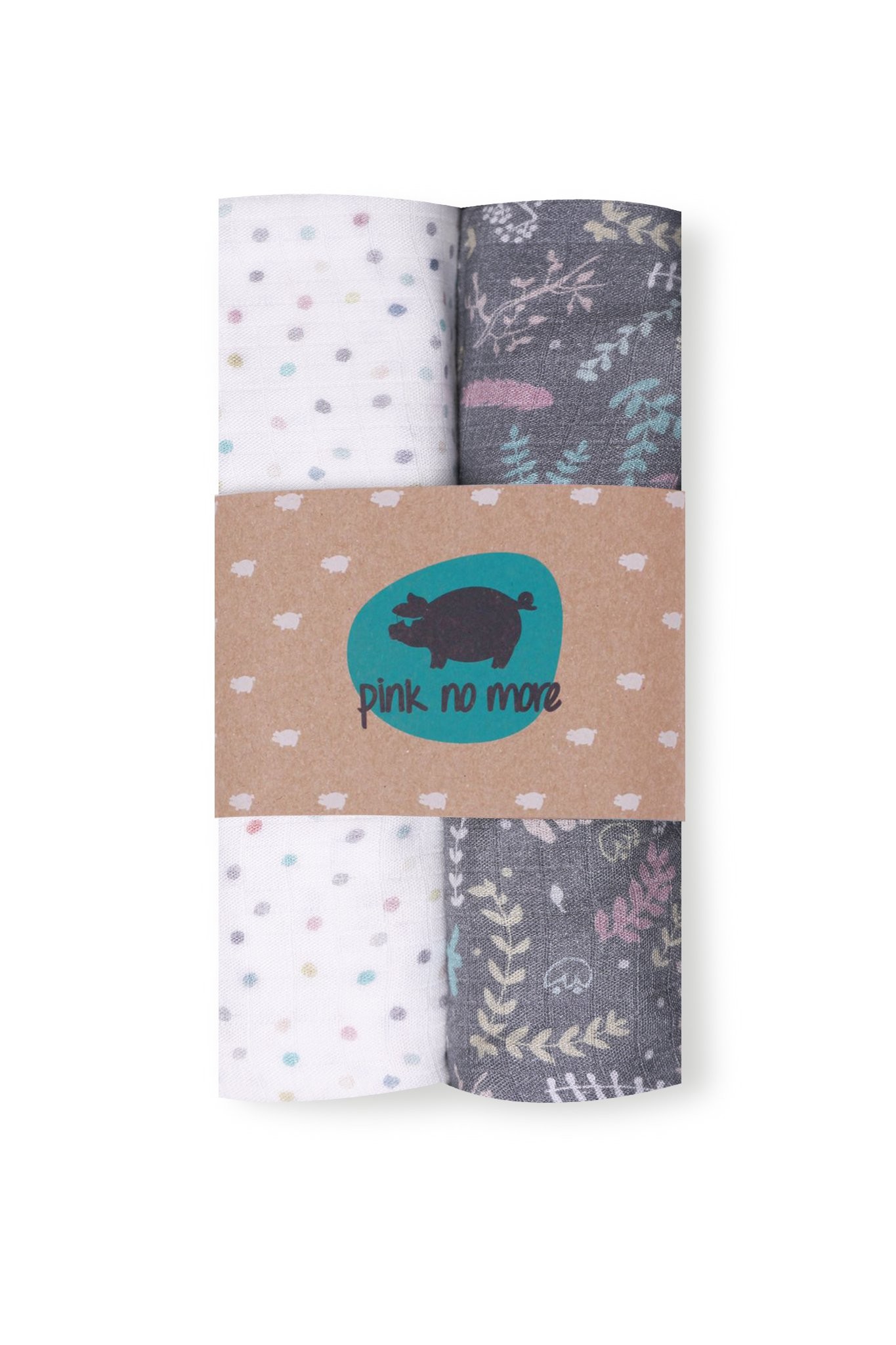Pink No More, Pieluszki muślinowe Szary Botanic & Dots 2pak Pink No More, Pieluszki muślinowe Szary Botanic & Dots 2pak