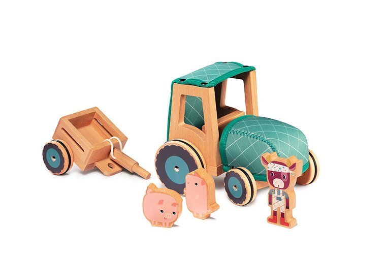 Lilliputiens, Drewniany traktor z przyczepą i 2 świnkami Krówka Rosalie 2 lata+