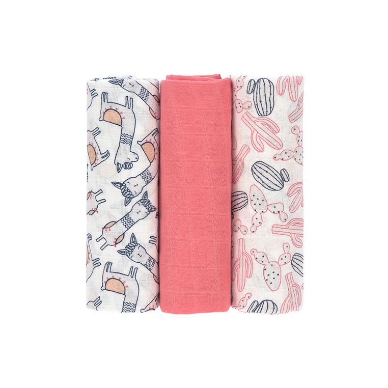 Lassig, Bambusowy Otulacz-Kocyk 80x80cm Zestaw 3 szt. Glama Lama coral