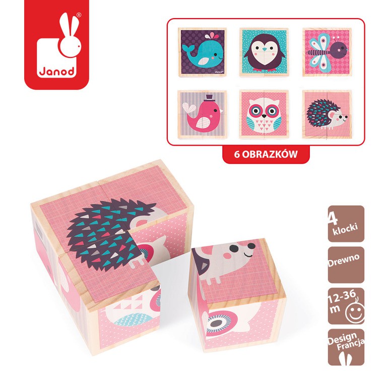 Janod, klocki drewniane Puzzle 6w1 Zwierzątka Janod, klocki drewniane Puzzle 6w1 Zwierzątka