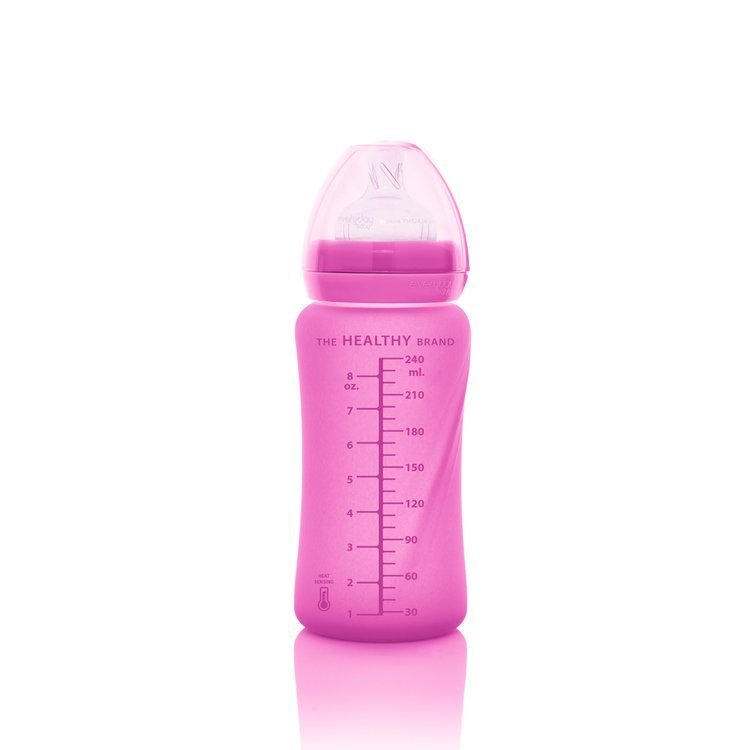 Everyday Baby, Szklana butelka ze smoczkiem M reagująca na temperaturę, 240 ml - wiśniowa Everyday Baby, Szklana butelka ze smoczkiem M reagująca na temperaturę, 240 ml - wiśniowa