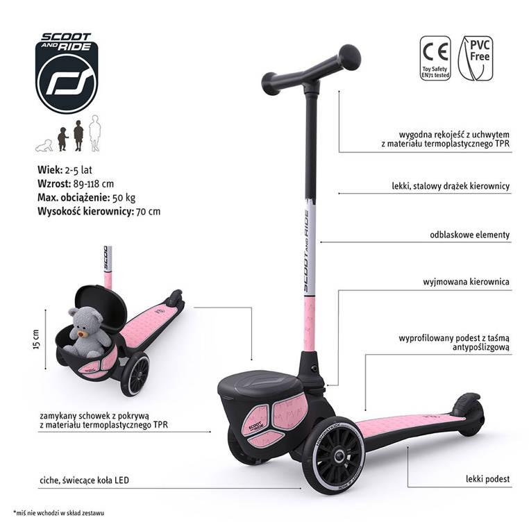 Scootandride, Highwaykick 2 Lifestyle Hulajnoga trójkołowa balansowa ze świecącymi kółkami odblaskową kierownicą Reflective Rose Scootandride, Highwaykick 2 Lifestyle Hulajnoga trójkołowa balansowa ze świecącymi kółkami odblaskową kierownicą Reflective Rose