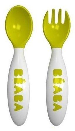 Beaba, sztućce plastikowe w etui zielone