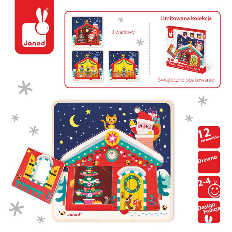 Janod, Puzzle drewniane 3-warstwowe Gwiazdka Janod, Puzzle drewniane 3-warstwowe Gwiazdka
