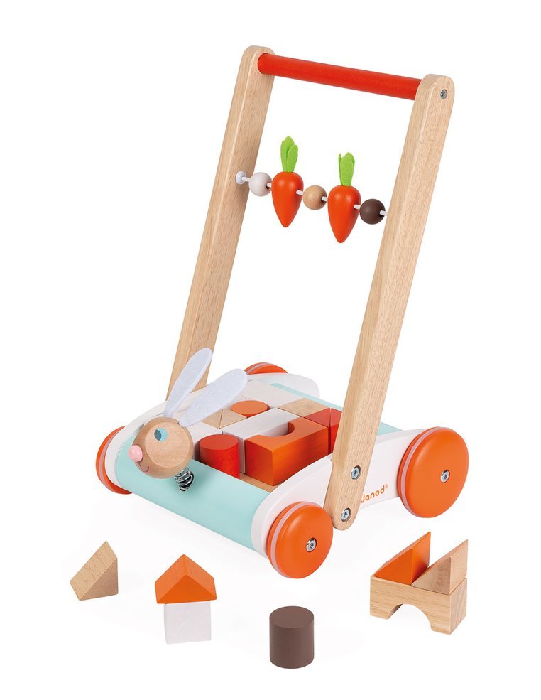Janod, Wózek pchacz drewniany z 19 klockami Królik 1-4 lata