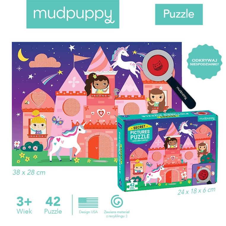 Mudpuppy, Puzzle z ukrytymi obrazkami Zamek jednorożca 42 elementy 3+ Mudpuppy, Puzzle z ukrytymi obrazkami Zamek jednorożca 42 elementy 3+