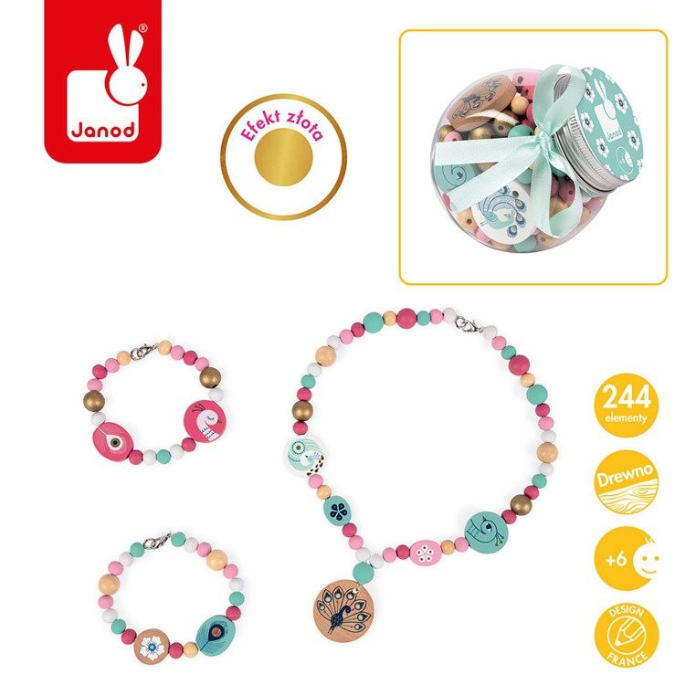 Janod, Zestaw do tworzenia biżuterii Drewniane koraliki z efektem złota Pawie