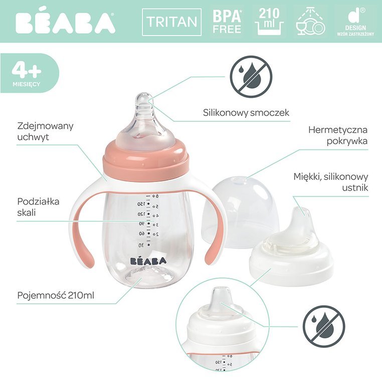 Beaba, Butelka treningowa 2 w 1 tritanowa 210 ml old pink