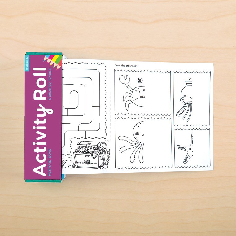 Mudpuppy, Łamigłówki kolorowanki w rolce 1,8 m z 5 kredkami Zatoka Syren 4+