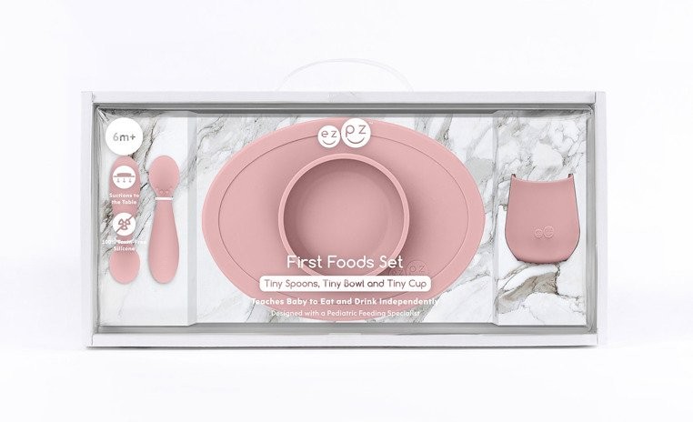 EZPZ, Komplet pierwszych naczyń silikonowych First Foods Set pastelowy róż