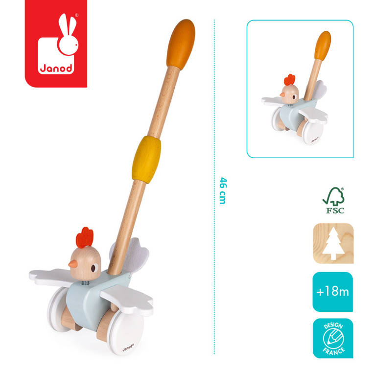 Janod, Drewniany pchacz kurka 18 m+ Janod, Drewniany pchacz kurka 18 m+