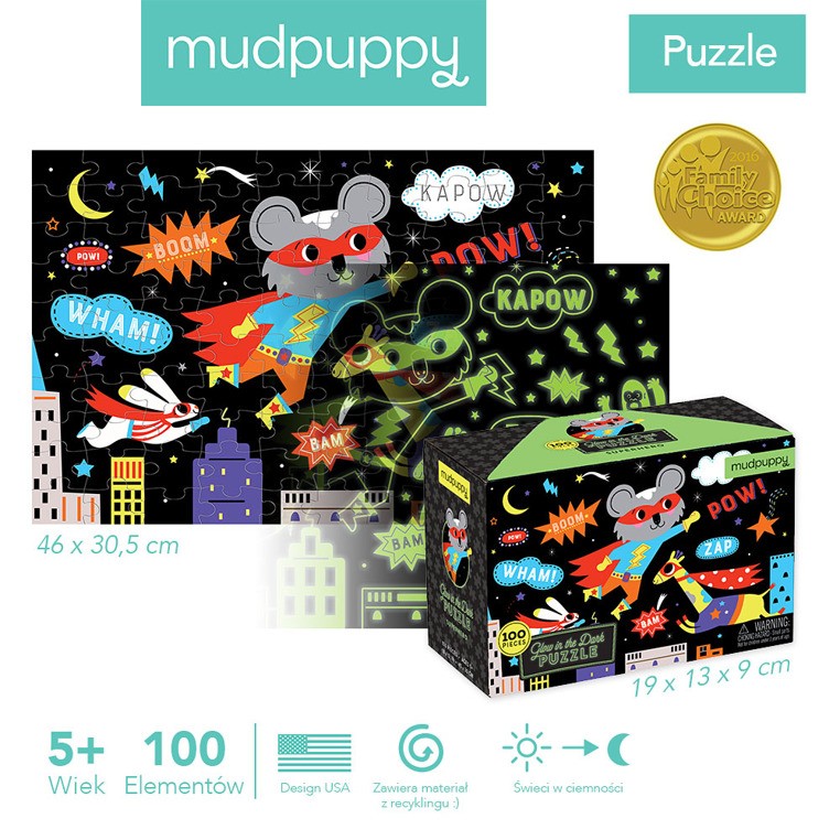 Mudpuppy, Puzzle świecące w ciemności Superbohaterowie 100 elementów 5+ Mudpuppy, Puzzle świecące w ciemności Superbohaterowie 100 elementów 5+