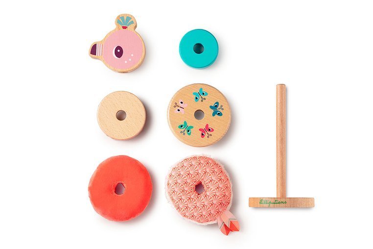 Lilliputiens, Drewniana układanka piramida z miękkimi elementami Flaming Anaïs 12 m+