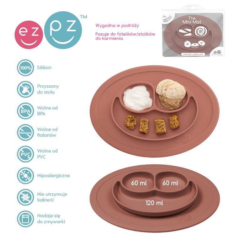 EZPZ, Silikonowy talerzyk z podkładką mały 2w1 Mini Mat brązowy