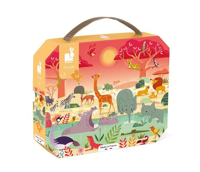 Janod, Puzzle w walizce Rezerwat zwierząt 54 elementy 5+ Janod, Puzzle w walizce Rezerwat zwierząt 54 elementy 5+